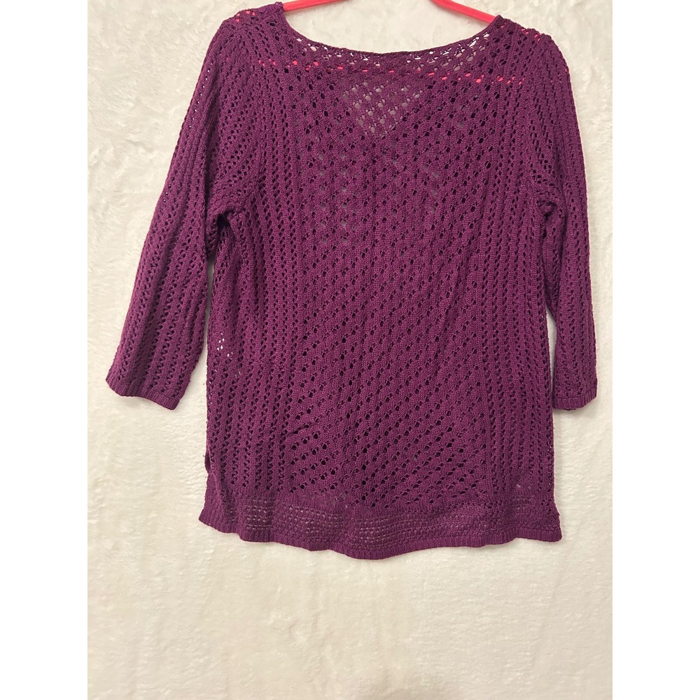 Chicos Crochet Sweater Womens 1 M Purple Open Knit V-Neck 3/4 Sleeve Pullover - Picture 4 of 4